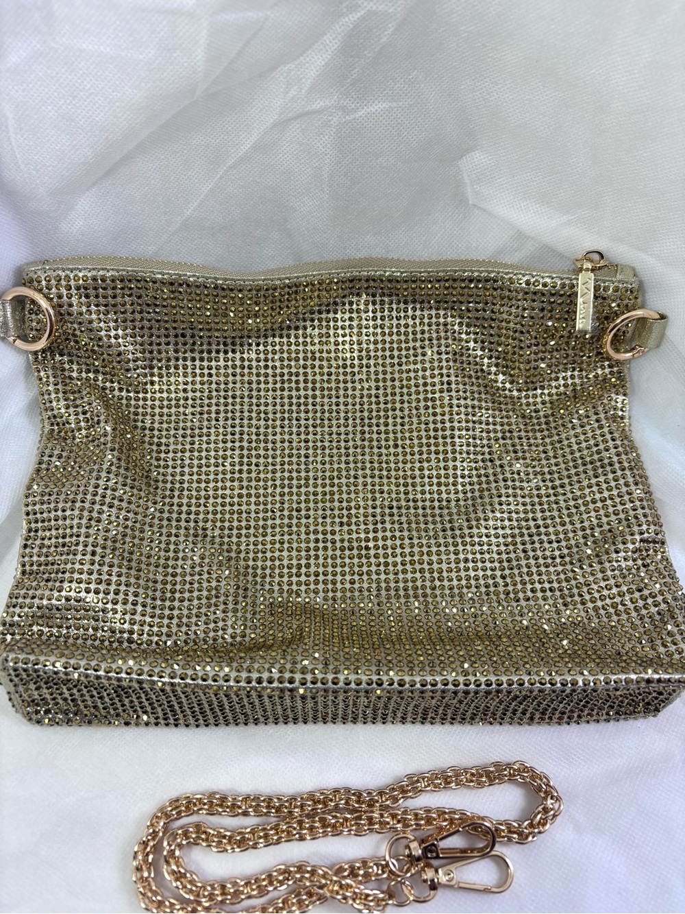 Nina Crystal Embellished Zipper Hobo Bag. Gold.
